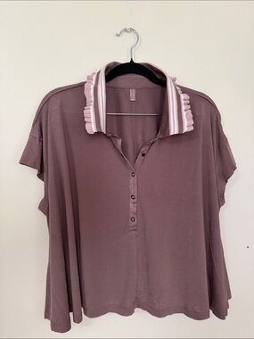 FP Movement by Free People Mauve Button Polo with Ruffled Stripe Collar